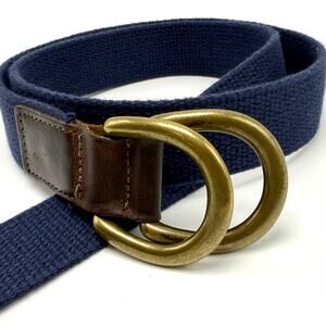 Vintage 90s Patagonia Belt 30 Brass D Rings Leather Tab Navy Blue Cotton Web USA